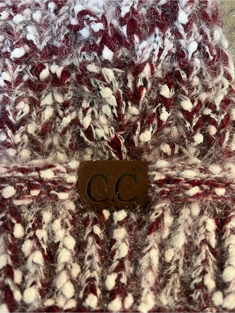 Maroon and White Knit Pom Beanie